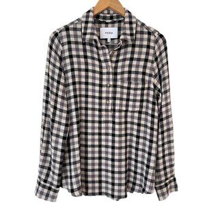 Pistola Black and White Flannel Check Popover Shirt Long Roll Tab Sleeve